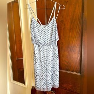 Adrianna Papell light blue, beaded bridesmaid’s dress.